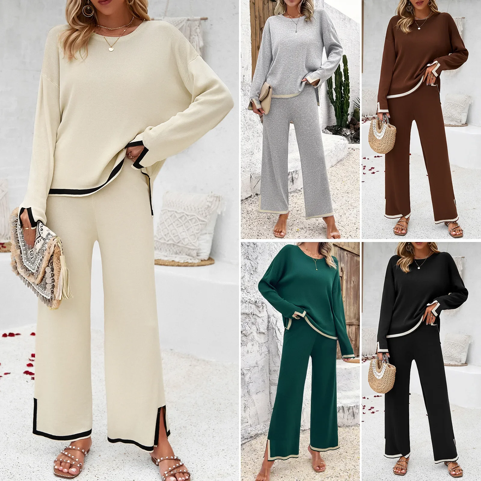 

Women's Clothing Suit Casual Solid Color Knitted Long-Sleeve Top Pullover Long Loose Pants Clothes Suit Home Wear