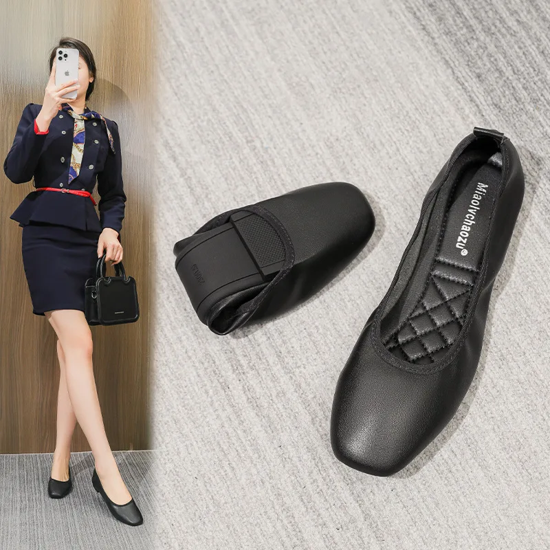 Sapatos de couro preto para mulheres, sapatos únicos com cabeçadas quadradas, fundo plano, trabalho de longa duração, confortável, novo