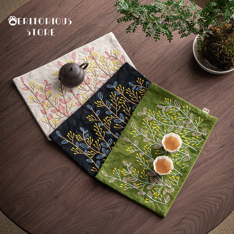 

Chinese Handmade Embroidery Tea Mat Creative Canvas Coasters Big Tea Napkin Tablecloth Heat-Resistant Tea Flag Tea Supplies Tool