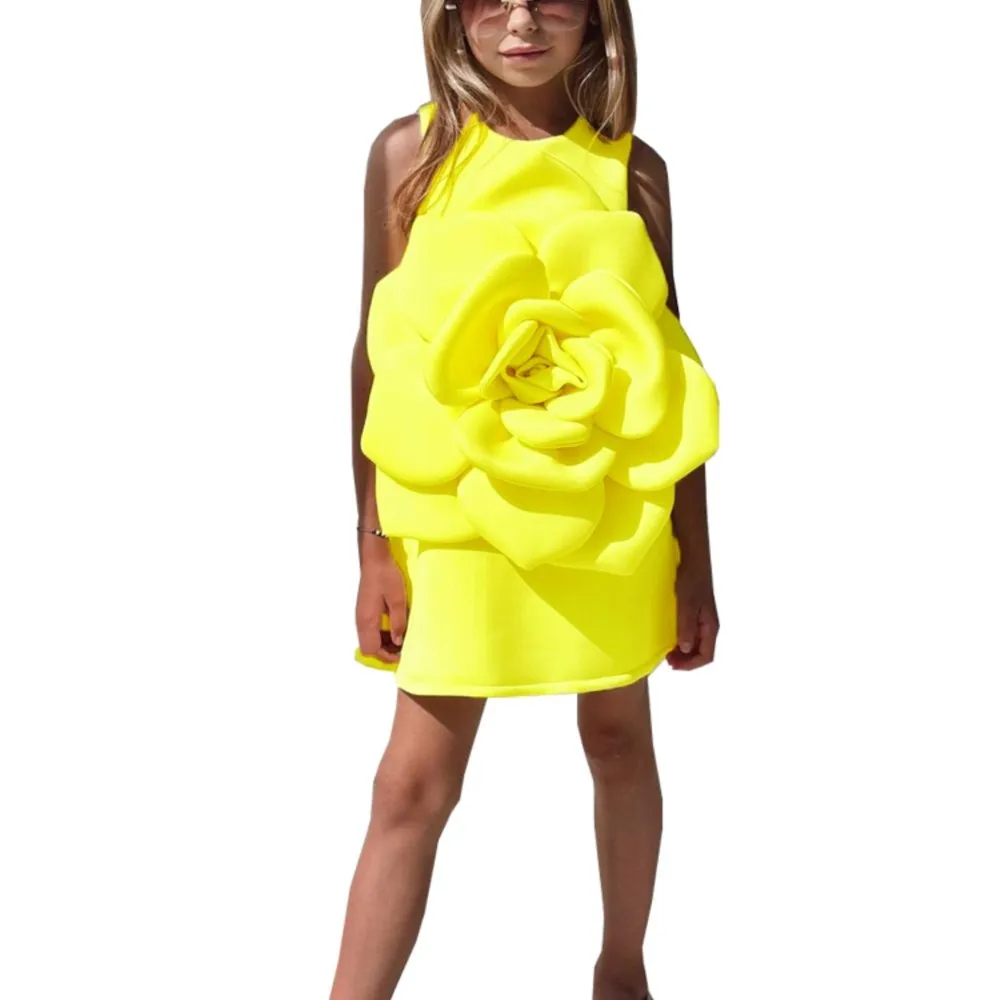 2024 New Girls Princess Yellow Flower Teen Dress EidalFitr Birthday Holiday abbigliamento per bambini Costume da festa vestiti della neonata