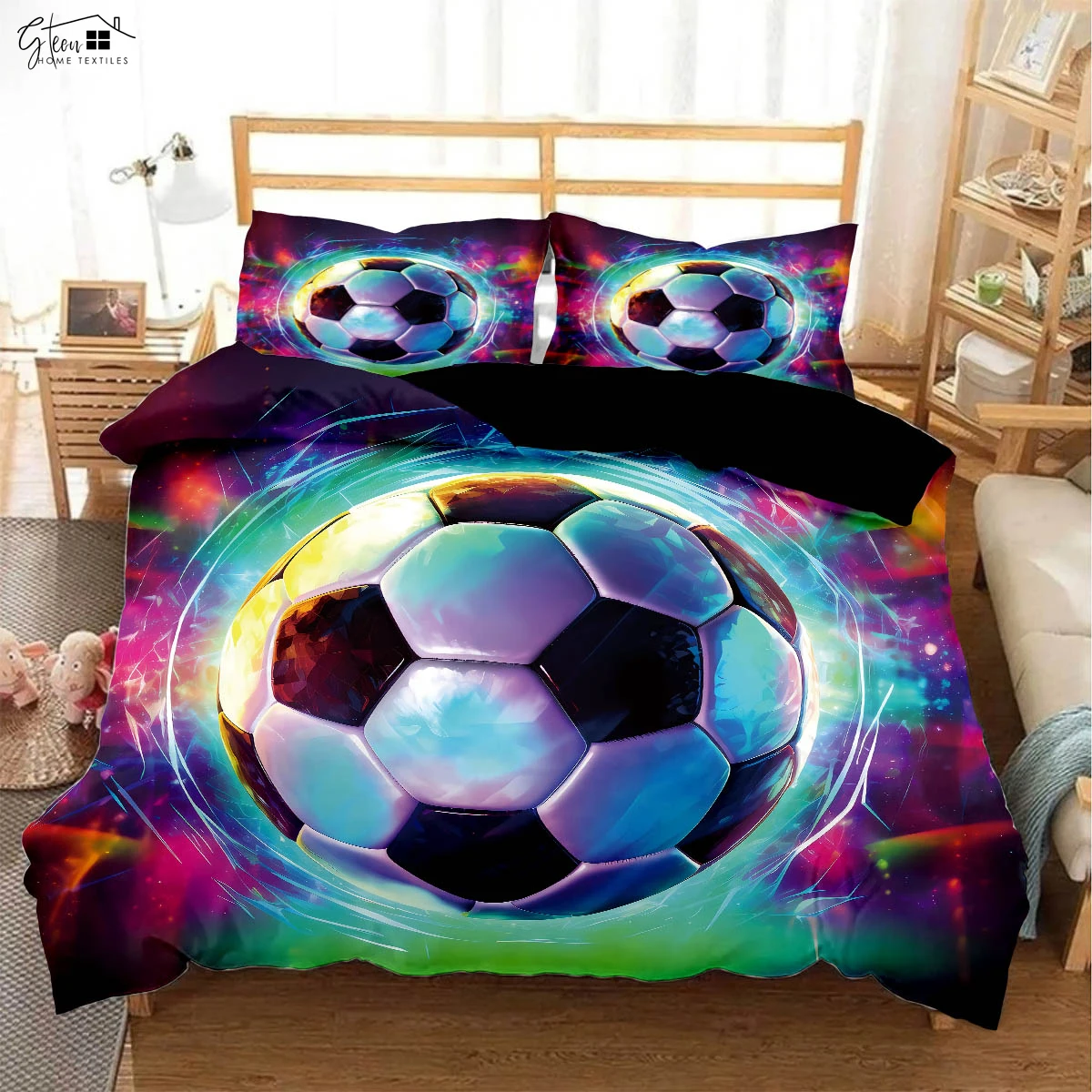 Cool Football 3d Stereo Printing Quilt Cover Pillowcase Children's Room Bedding Set 100% Polyester 3 Pieces Can Be Customized