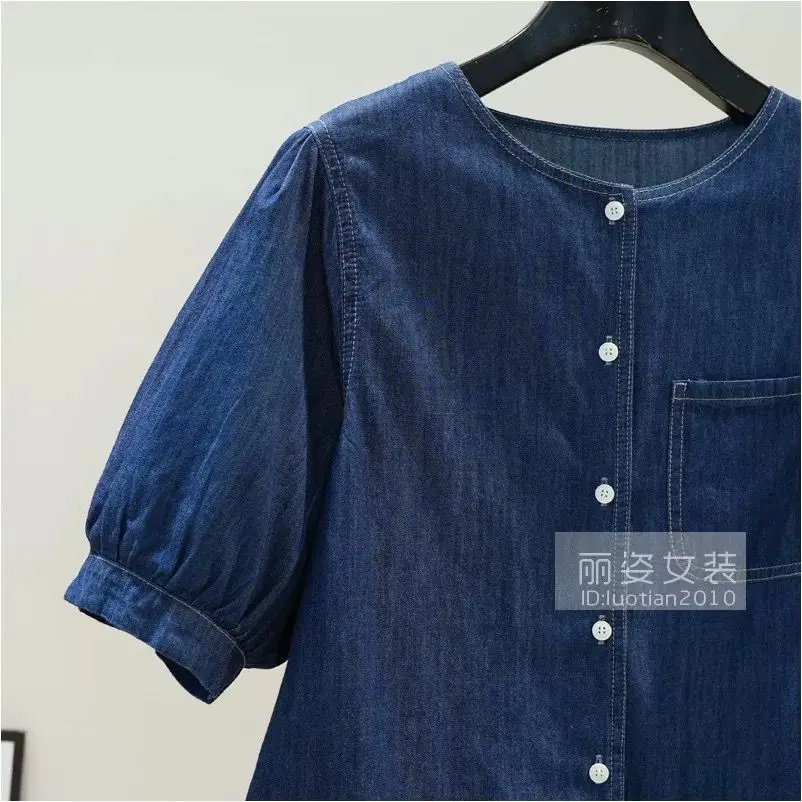Nuova camicia estiva a maniche corte in denim da donna colletto rovesciato patchwork in pizzo camicetta casual retrò da donna