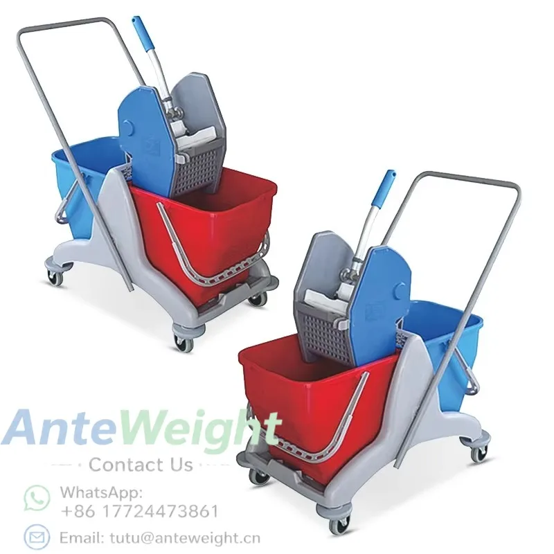 Down Press Double Bucket  Mop Wringer Janitor Cleaning Trolley Cart with Wheels