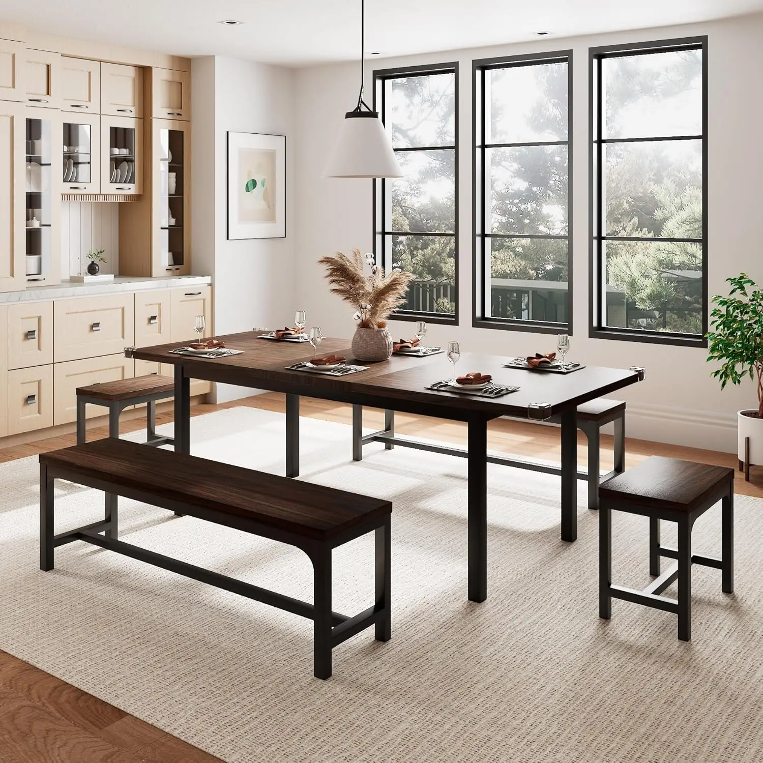 5 Pieces Dining Room Table Set for 4-6, with 2 Benches & 2 Stools, Small Dining Table Set with Metal Frame & MDF Board