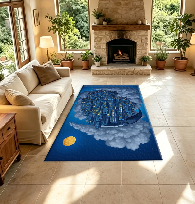 Dreamy Floating City Cloud Art Carpet Floor Surreal Illustration Indoor Carpet