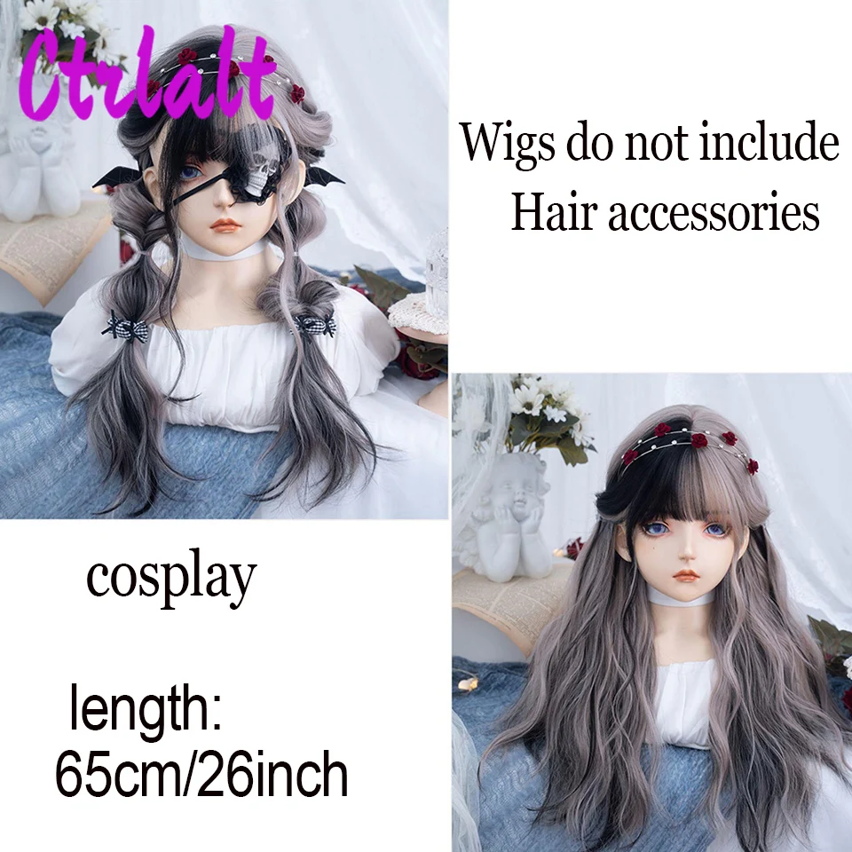 Classic Style Long Synthetic Wigs Ombre Black to Grey Curly Wavy Wig Hairs with Bangs for Ladies and Girls Daily Use Party