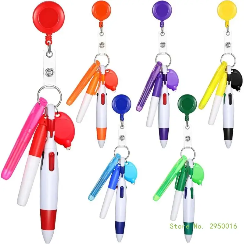 5-in-1 Badges Reels Holder with Marker, Multicolor Ballpoint Pen and Light, Acrylic Badges Holder Clip