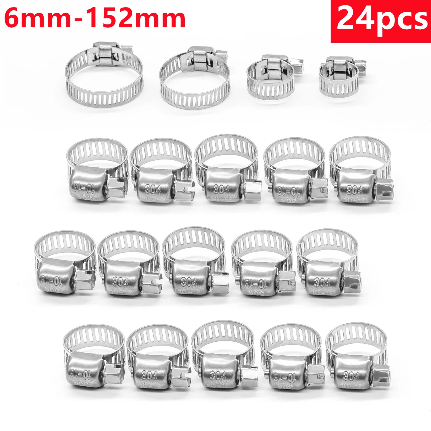 24pcs Hose Band Clamps Adjustable 304 Stainless Steel Screw Band Car Fuel Hose Clips Pipe Clamp 6-152mm Worm Gear Clip Tool 호스밴드