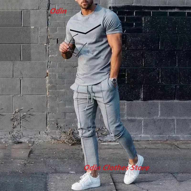 New Trend Summer Men Solid Color Trousers 2 Pieces Sets Tracksuit T-shirts +Long Pants Sportwear Jogging Suit Men Clothing