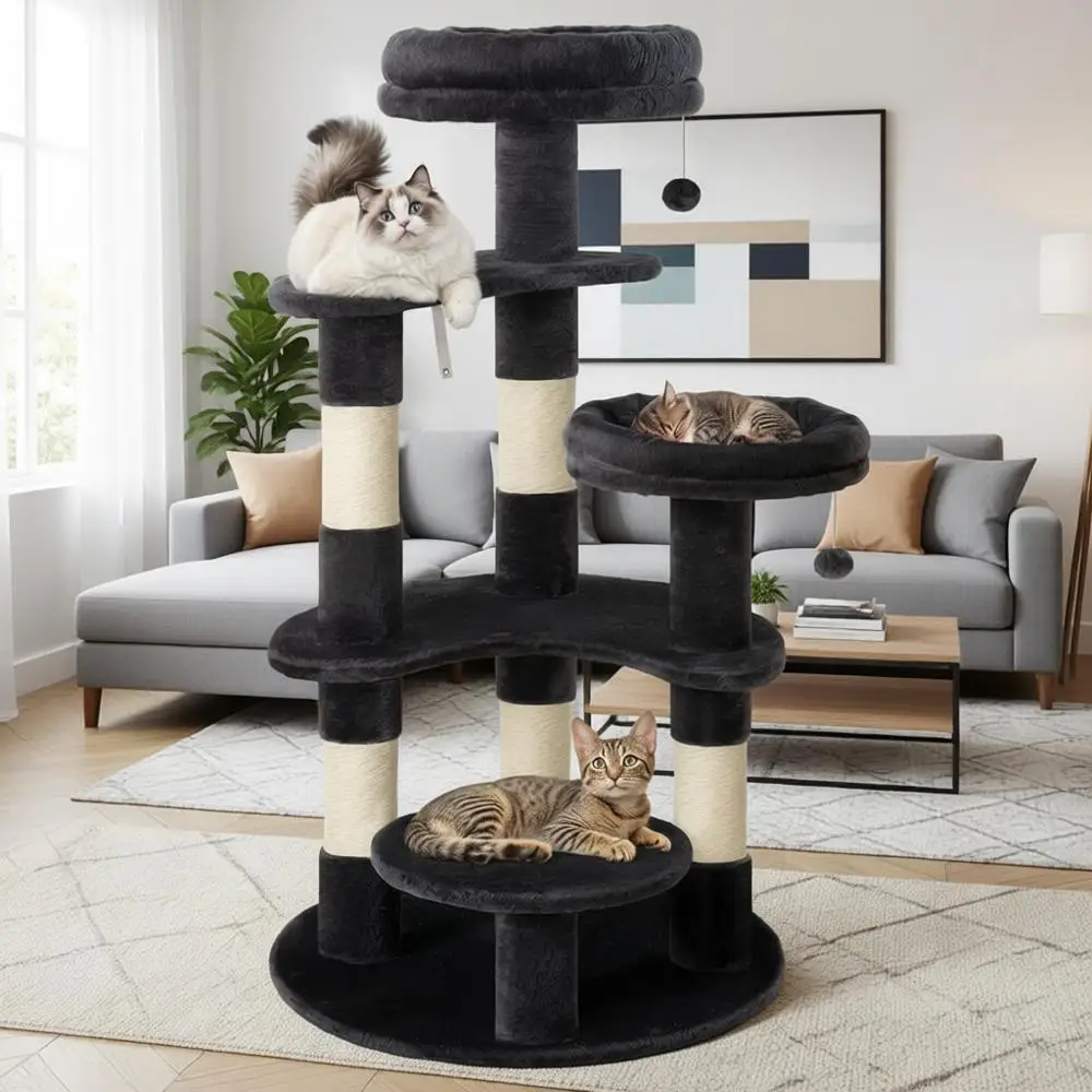 

55.5 in Indoor Cat Tree with Soft Plush Perches, Multi-Level, Sisal Scratching Posts, Crescent Plates, Round Jumping Board, Hang