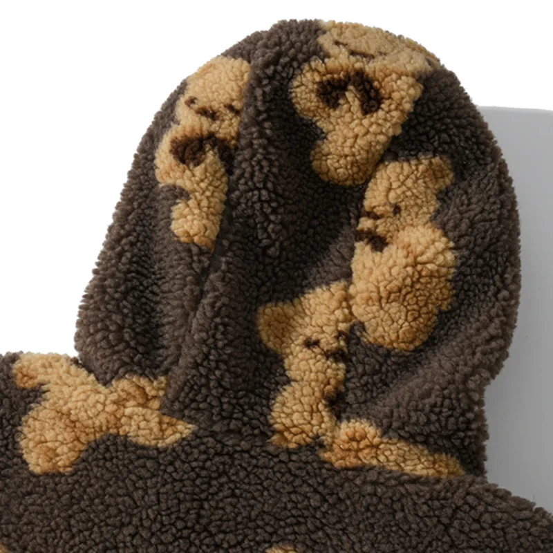 Autumn Winter Women Hooded Thickened Casual Sweatshirt Cartoon Bear Print Zipper Pocket Plush Unisex Fleece Jacket