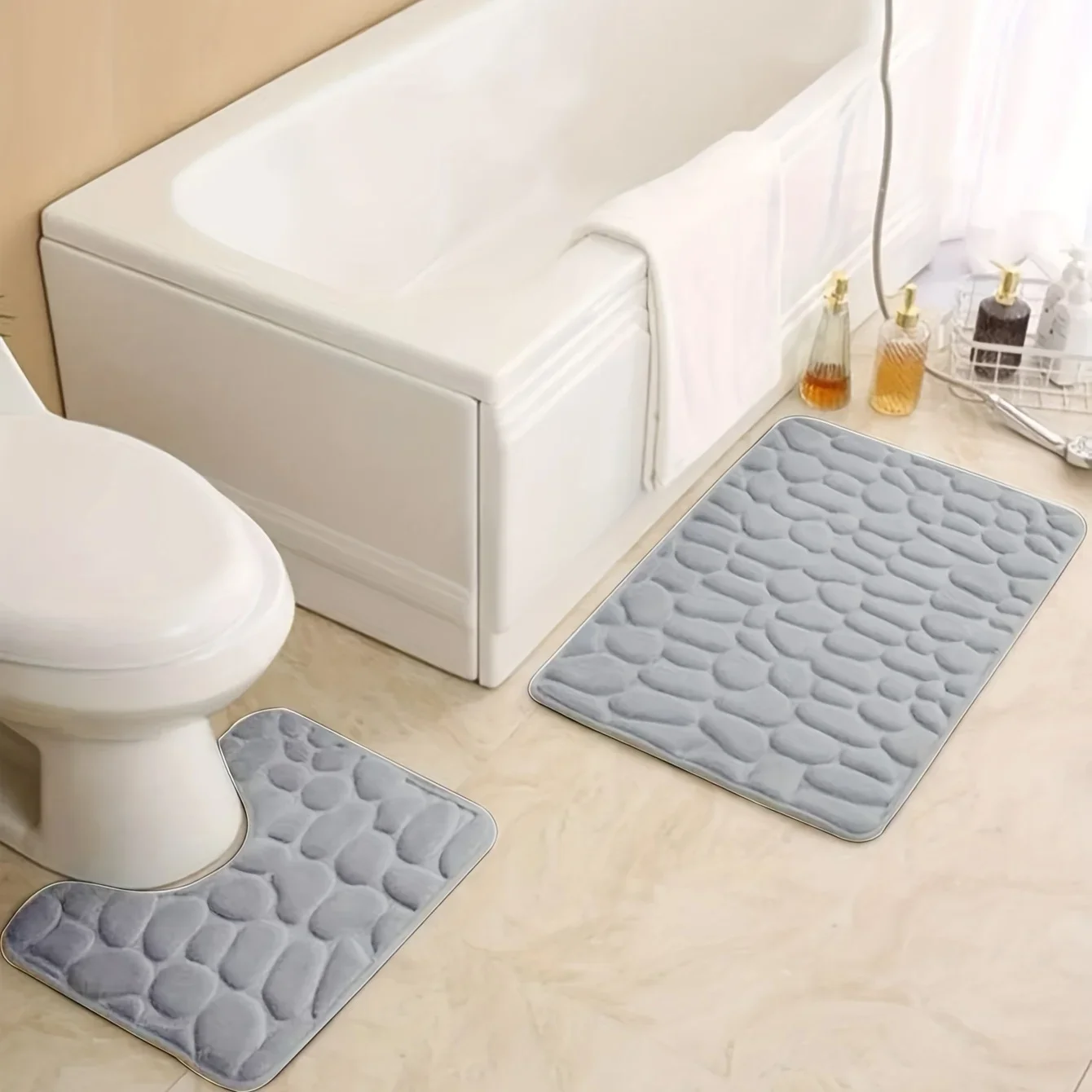 

2PC Embossed Stone Pattern Toilet Mat Door Mats Absorb Water Mats Non-slip Carpet Mat, Can Wash Strip Carpet Home Decoration