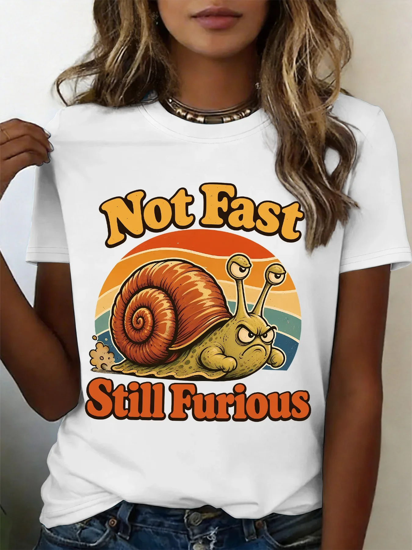 Women Crew Neck Tee Retro Angry Snail Cartoon Graphic Print Short Sleeve Loose Ladies SummerPlus Size Casual Top