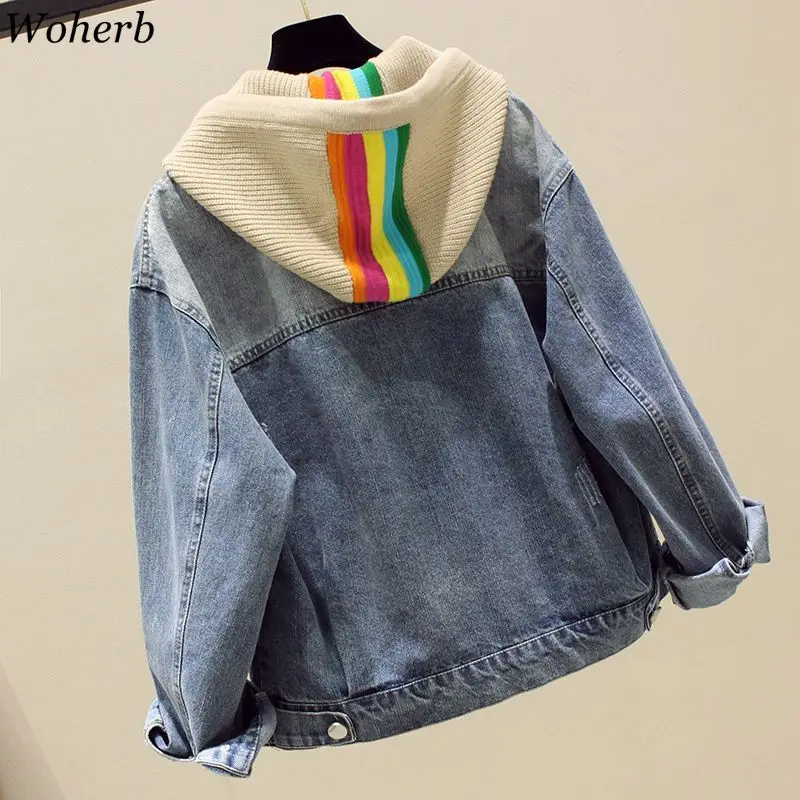 Knitted Hooded Patchwork Denim Jacket for Women Fake Two Pieces Casual Vintage Outwear Fashion Single Breasted Korean Y2k Coats