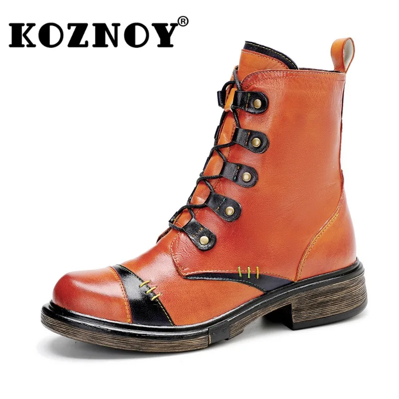 

Koznoy 3.5cm Cowboy Boots Retro Ankle Chunky Heels British Flats Ethnic Sheepskin Leather ZIP Big Size Autumn Spring Women Shoes