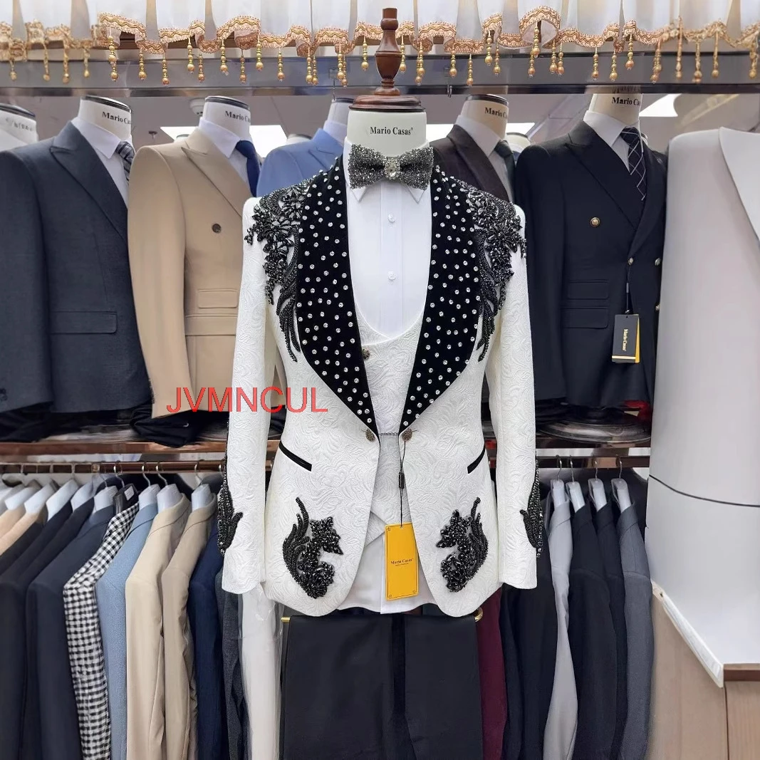 2026 Men's Luxury Embroidered 3 Piece Suit Formal Blazer Waistcoat Trousers Wedding Banquet Groom Elegant Outfit Set