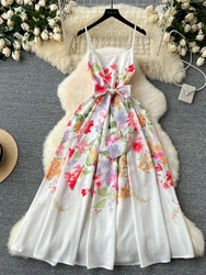 French Floral Printed Dress Women Slim A-line Summer Party Dresses Ladies Sleeveless Elegant Beach Long Robe Vestidos