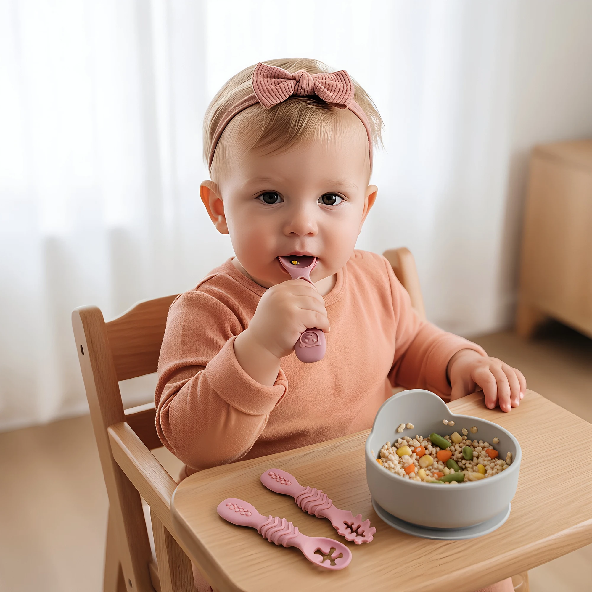 3pcs Silicone Spoon & Fork Set, Baby Training Tableware, Rabbit Themed, Food Grade BPA-Free, Fit for Baby Boys and Girls