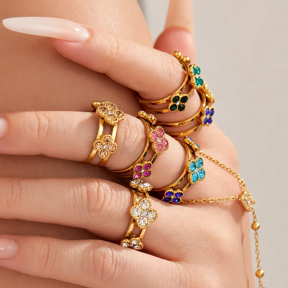 Farbiger Blumen-Zirkon Glücksbringer Vierblättriges Kleeblatt Offener Ring 316L Edelstahlring 18K vergoldet Trendiger Modeschmuck für Damen – Detail 4
