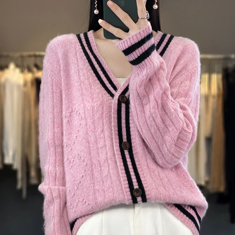 

100% pure wool cardigan women's autumn and winter new V-neck color matching sweater loosely knitted cashmere sweater