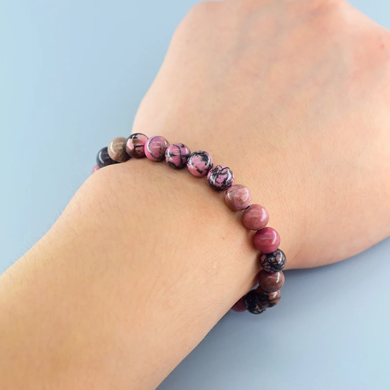 Natural Rhodonite Beaded Bracelets Men Women Energy Stone Beads Stretch Bracelets Yoga Healing Gem Beads Bangle Jewelry Gifts