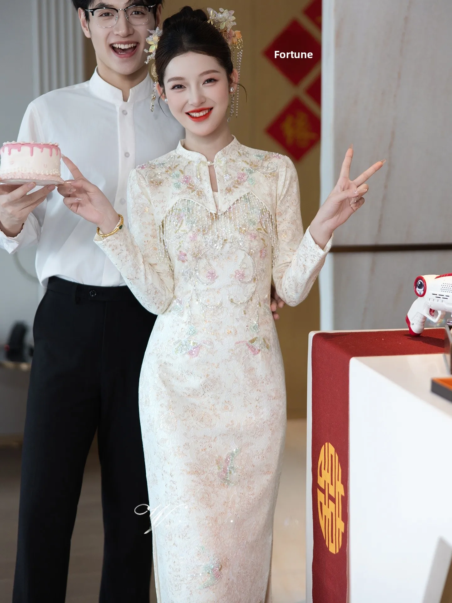 

Ele Long Sve Engagement Dr New Chinese Sle Wedding Gown oulder awl for Bride Suitable for Daily Wear