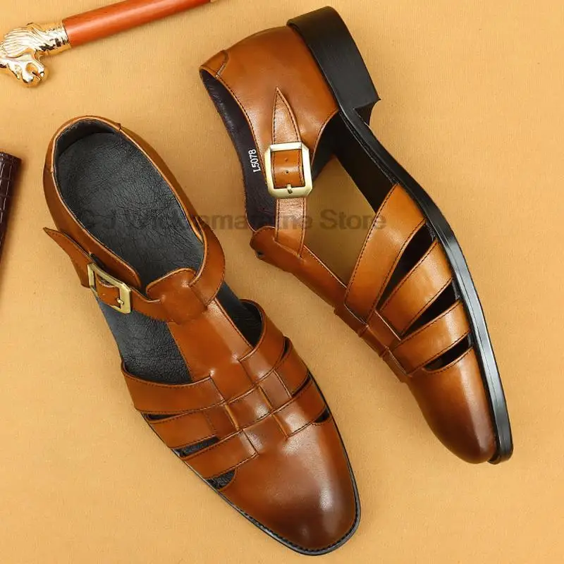 

HKDQ Retro Roman Sandals Men's Summer Top Layer Cowhide Business Casual Shoes Outer Sandals