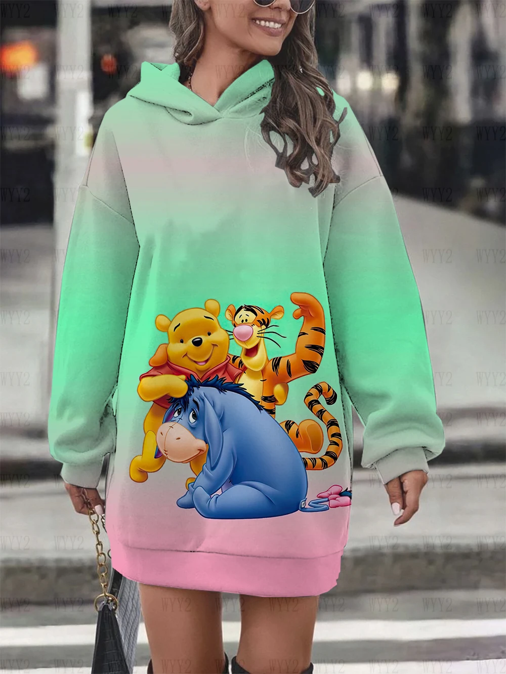 New Women\'s Sweatshirts Women\'s Long Cute Hoodie Disney Winnie the Pooh Print Hoodie Women\'s Hoodie Dress Casual Tops