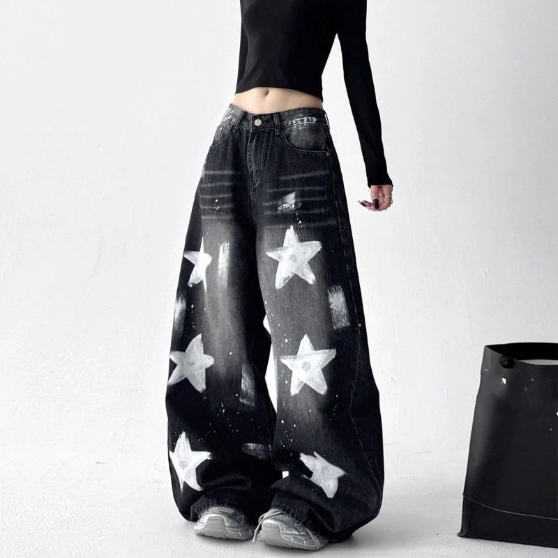 

Черные джинсы со звездами и принтом, женская осенняя одежда, новые уличные свободные широкие брюки в корейском стиле