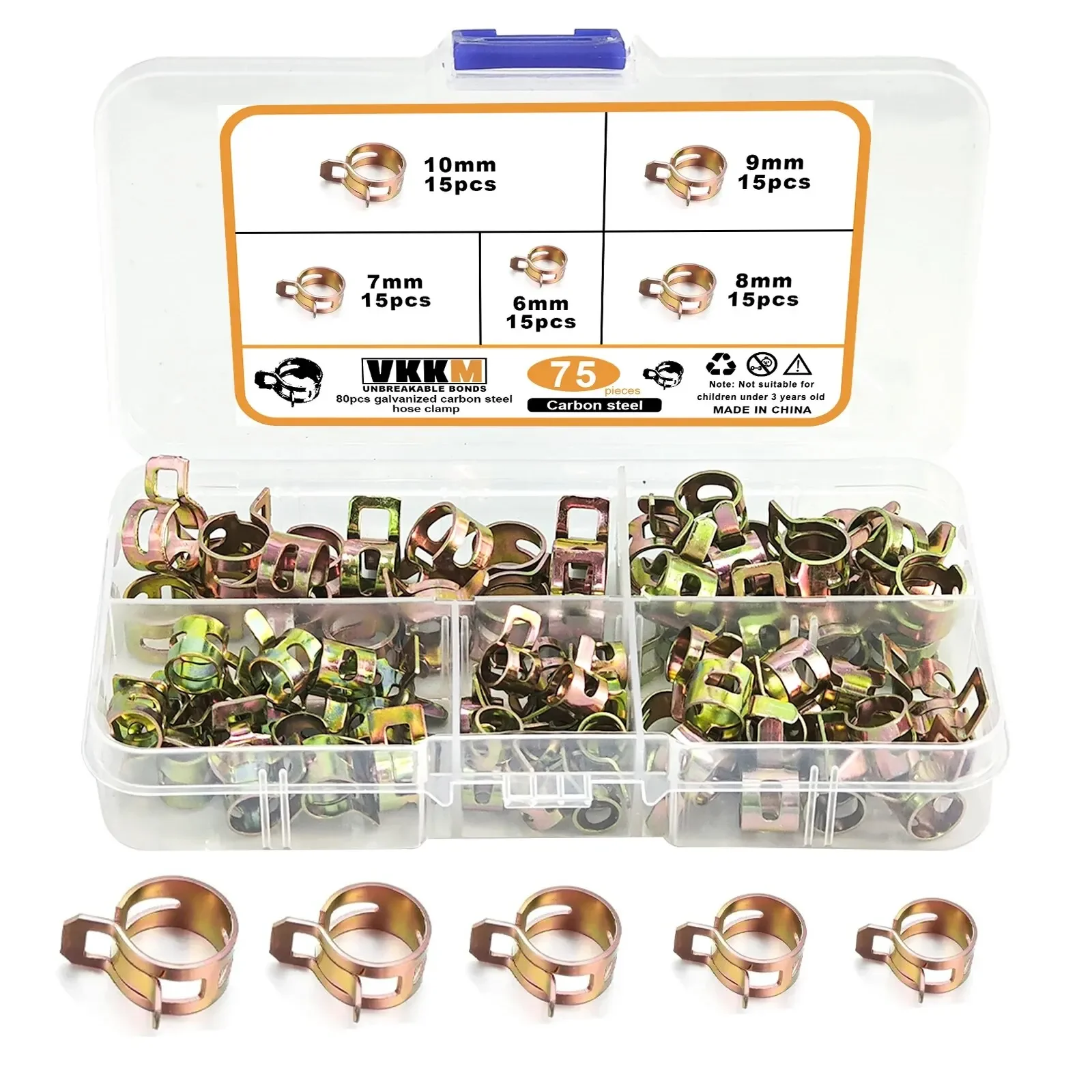 75Pcs 6-10mm Manganese Steel Spring Driven Hose Clamp Low Pressure Air Clamp Fastener Sorting Kit For Pipes, Automobiles