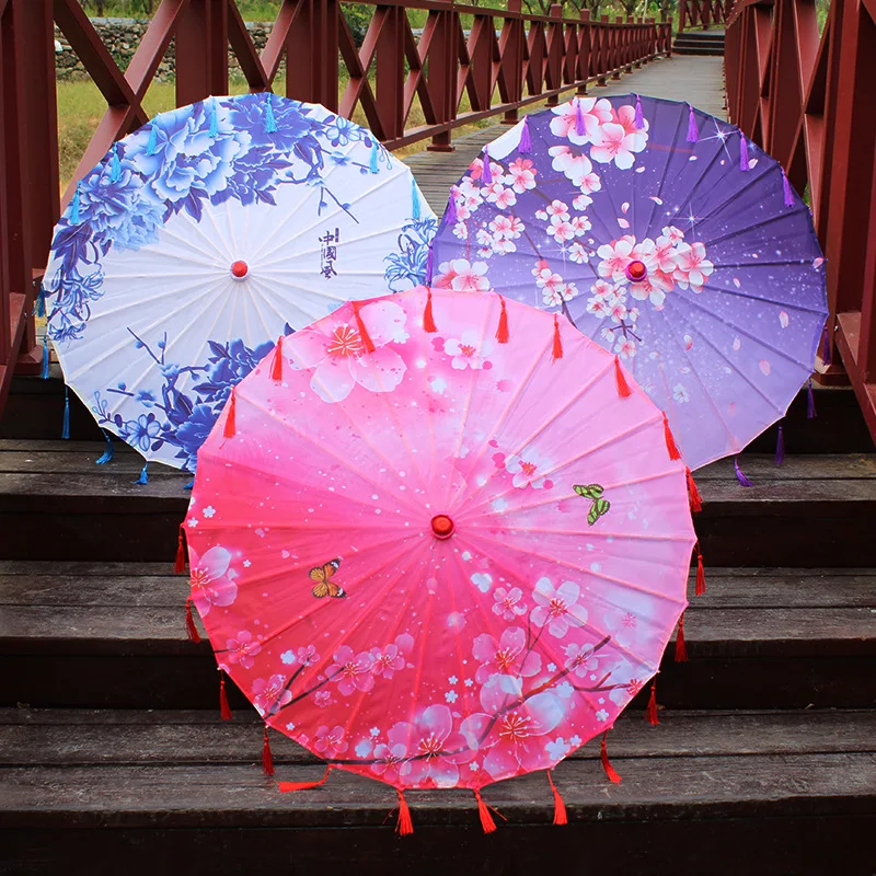 Printed Silk Tassel Umbrella Chinese Style  Ancient Costume Photo Prop Umbrella Classical Decoration Oiled Paper Umbrella