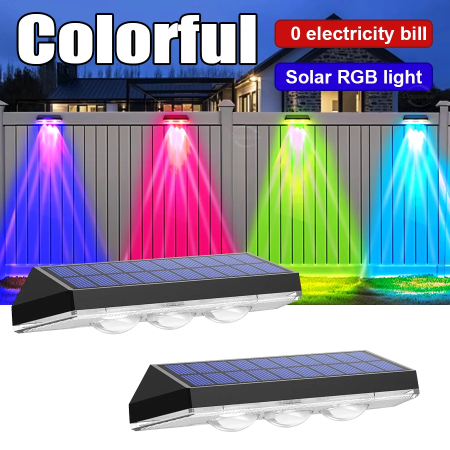 2025 2PCS Solar Fence Lights Outdoor RGB Fixed Color Deck Lights Waterproof Solar Outdoor Lights Yard Railing Wall Step Patio