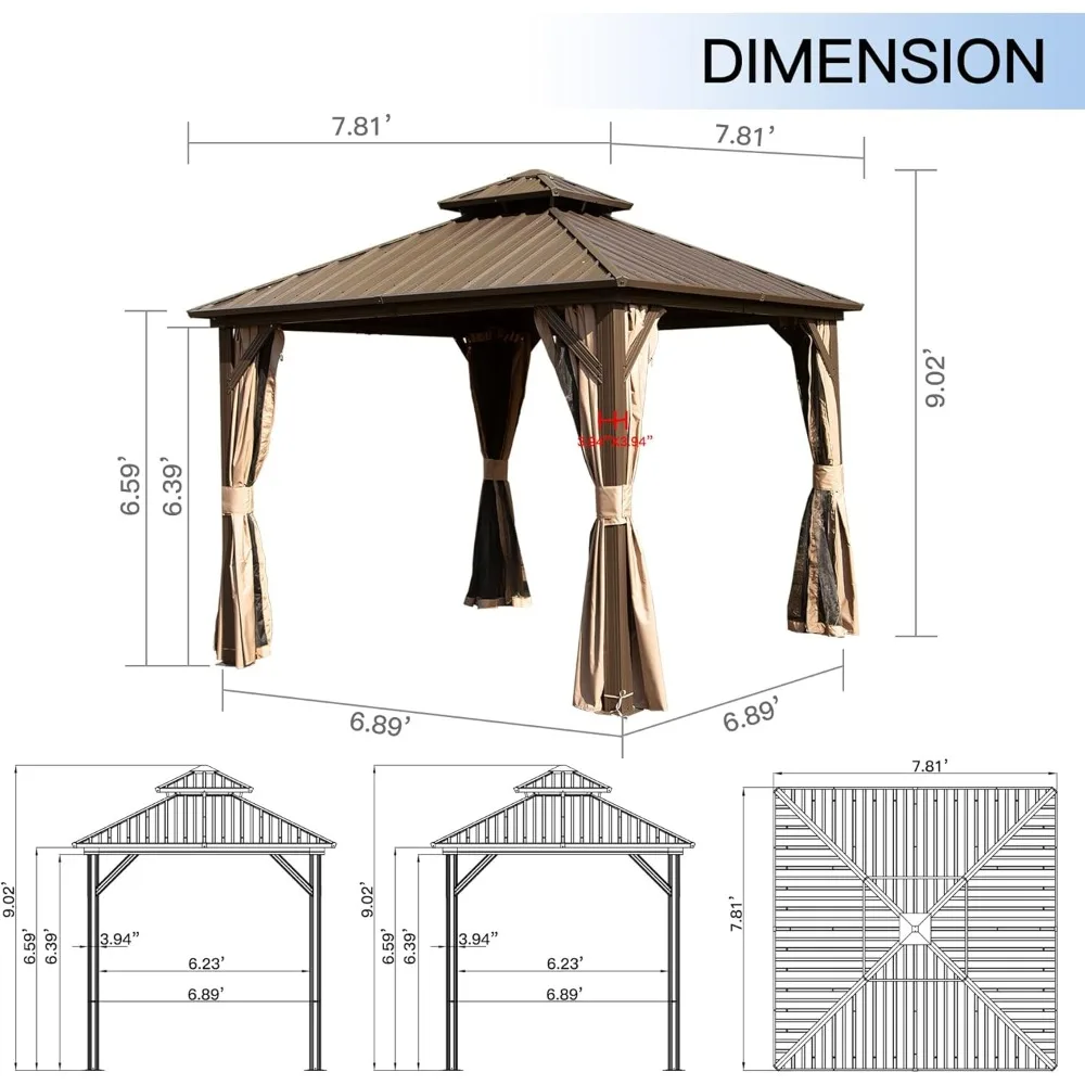 Сетка и шторы для беседки с твердым верхом 8 футов X 8 футов, уличная беседка из оцинкованной стали с двойной крышей для патио, лужайки и сада, коричневый