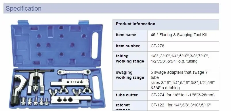 CT-278 45 Degree Flaring And Swaging Tool Kit For Refrigeration Soft Copper Tube