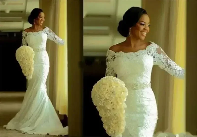 Maßgeschneiderte afrikanische schwarze Mädchen neueste 3/4 Langarm Spitze Meerjungfrau Brautkleider mit Applikationen Perlen großen Schleife Plus Size Braut