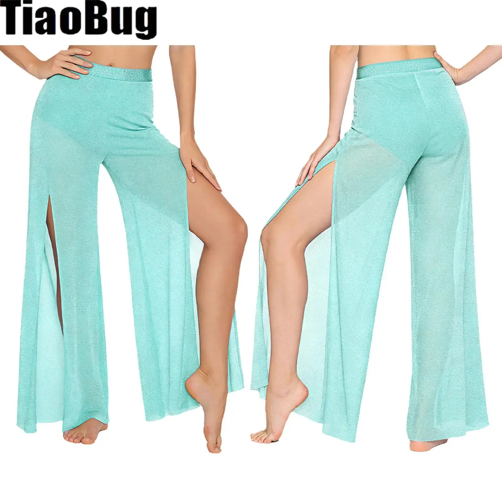 

Womens Lyrical Mesh Dance Pants Rhinestone Waist Shimmering Legs Wide Leg Pants with Built-in Briefs Modern Dance Pants