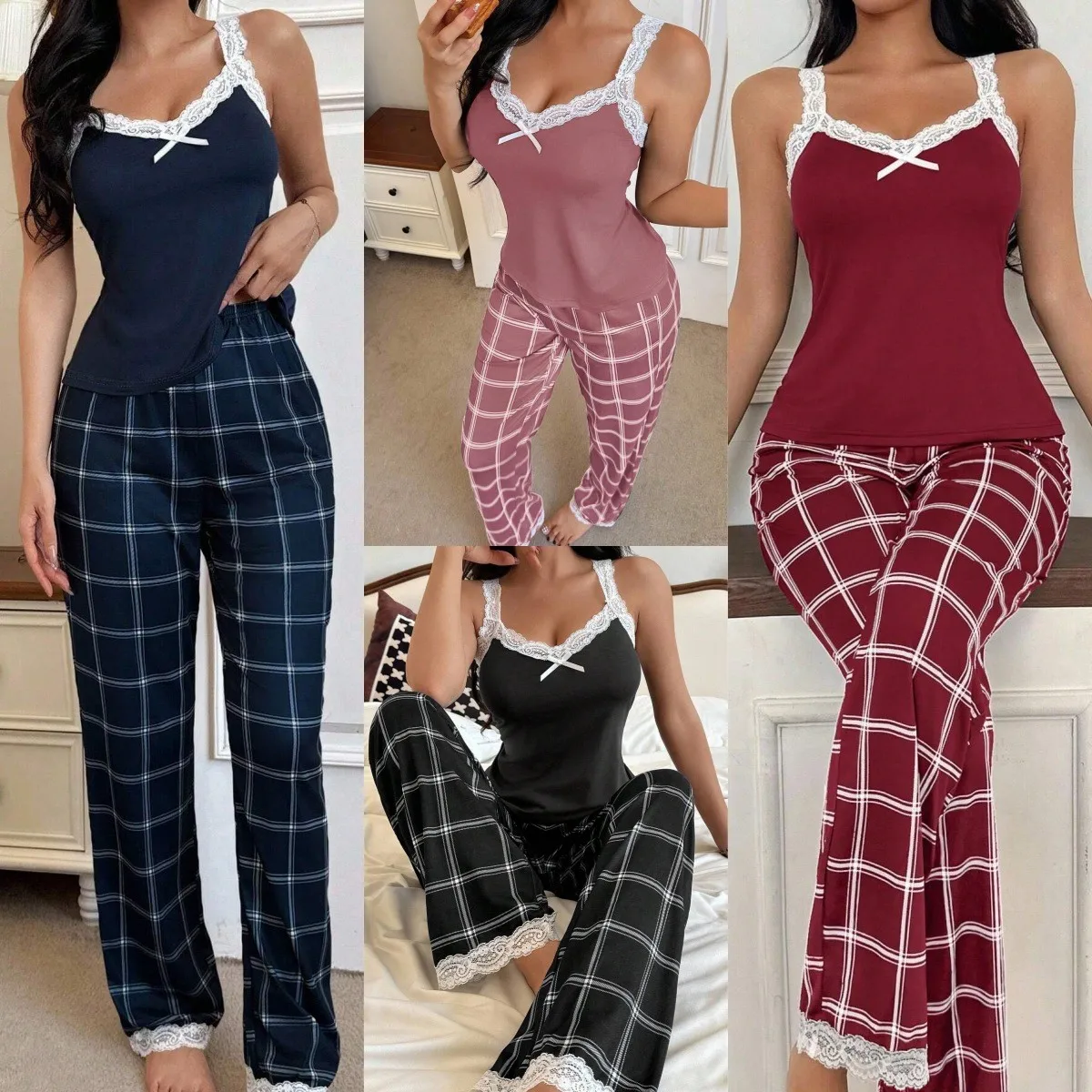 Conjunto de Pijama para Mujer, Ropa de Dormir, Pantalones Anchos de Punto con Ribete de Encaje, Pantalones Largos, Azul Marino, Rosa Polvoriento, Pijama para el Hogar