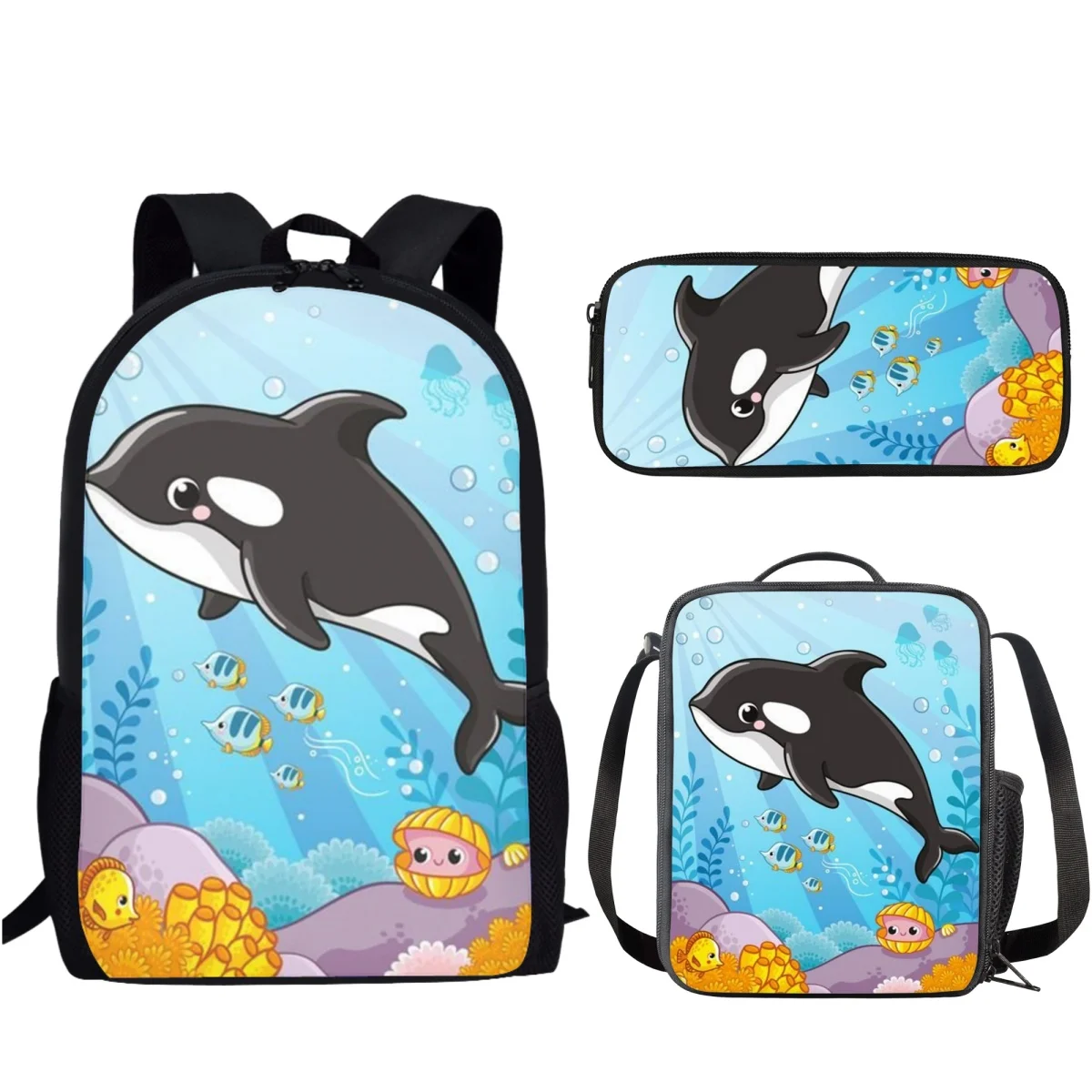 Cartoon Lovely Whale Design Backpack Set of 3 for Teenagers Girl Boy School Bag Women Men Casual Backpack Kids Travel Book Bag