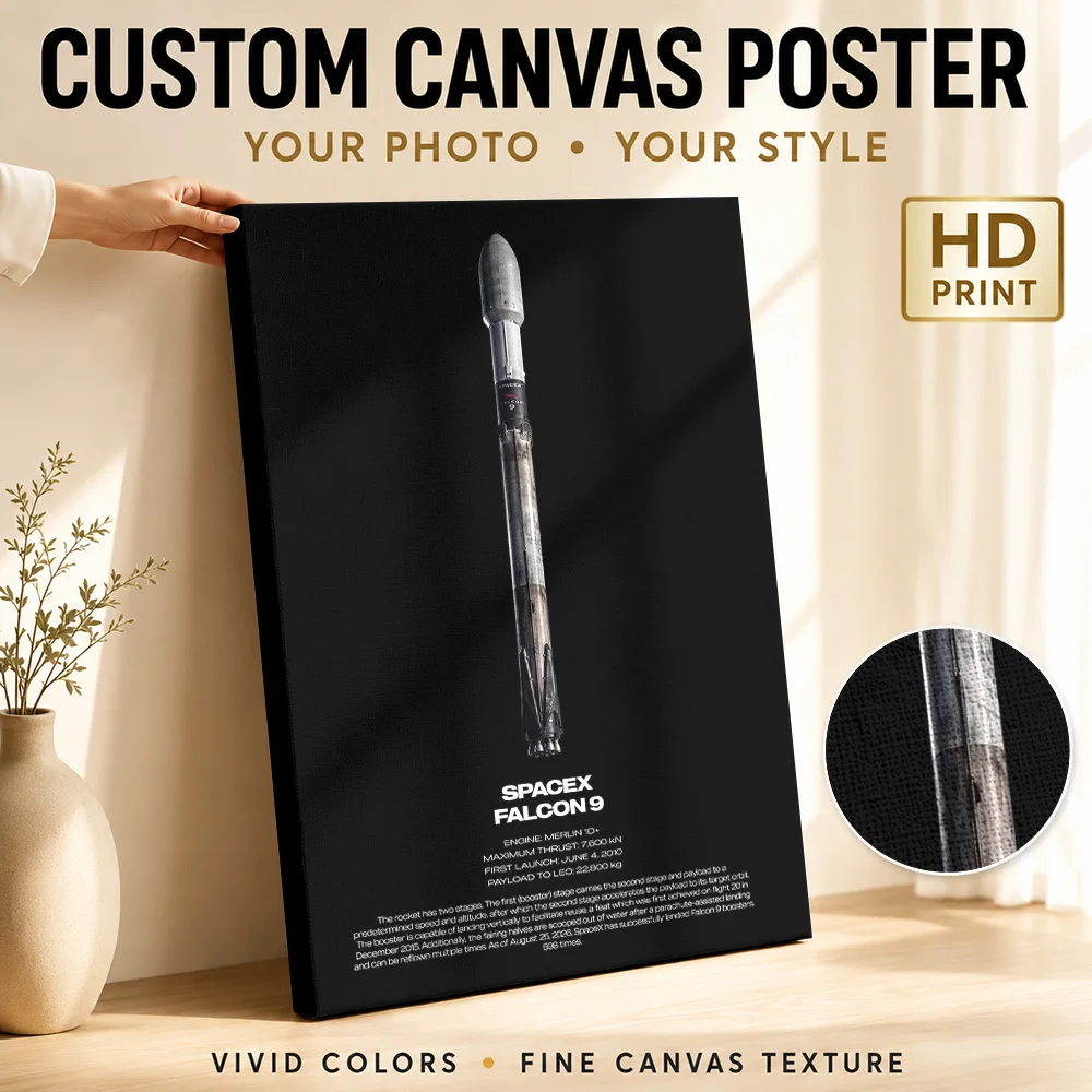 SpaceX Falcon 9 Rocket Wood Framed Canvas Print Personalized Photo Technical Reference Illustration Wall Art For Home Office