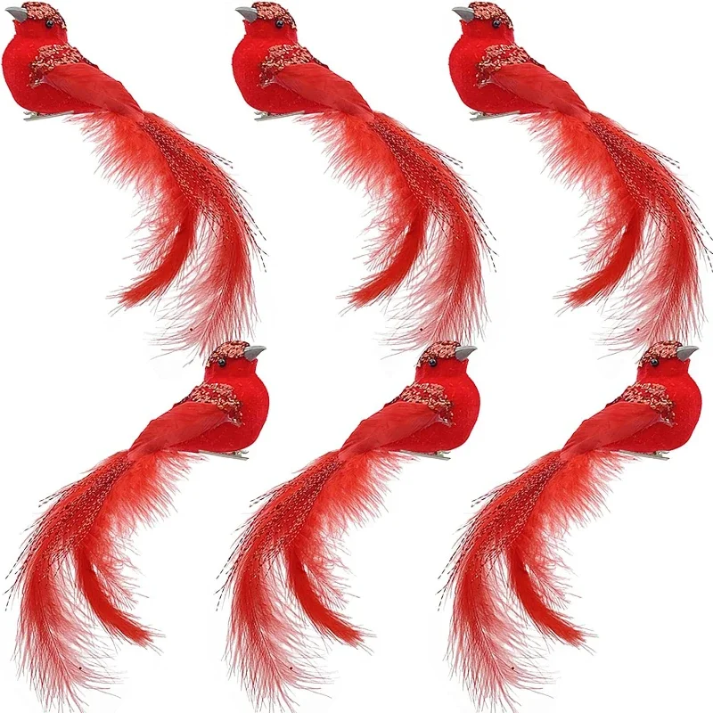 3Pcs Artificial Feather Bird with Clip, Long Tail Glitter Fake Bird, Red White Simulation Bird, Christmas Tree Ornament Decorate