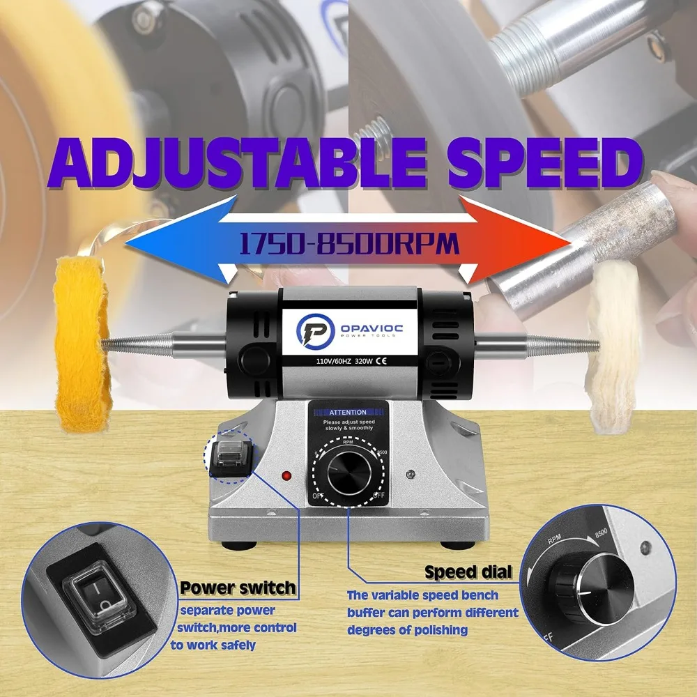 Adjustable Variable Speed Bench Grinder Polishing Buffing Machine Includes 2 Cotton Buffs 2 Abrasive Fiber Wheels Safety Glass