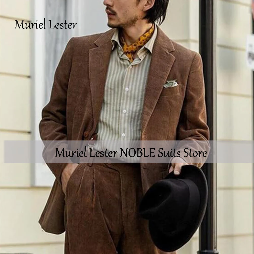 

Brown Corduroy Suits Men Slim Fit Double Breasted Jacket Pants 2 Pieces Formal Business Outfits Blazer Customized Party Dress