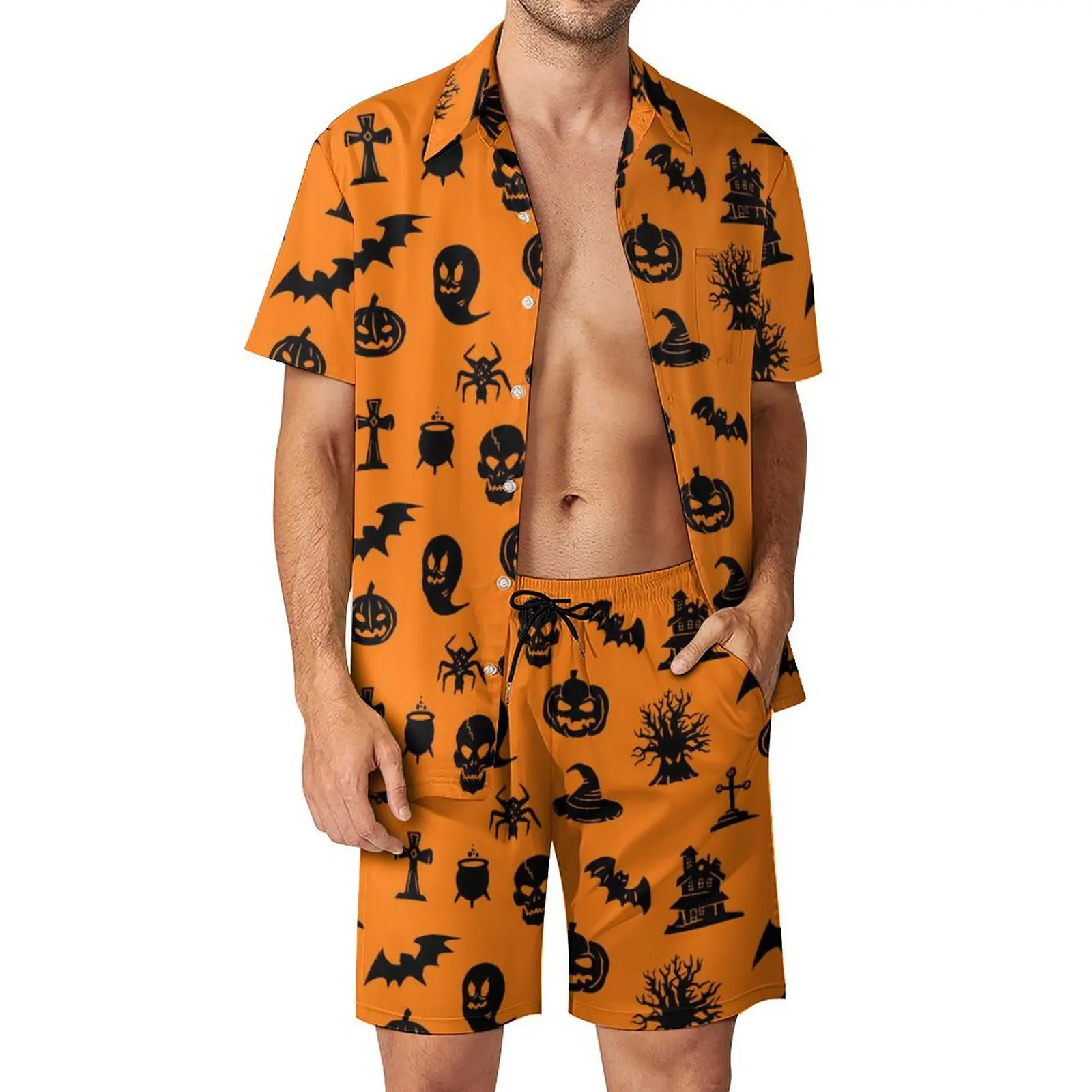 Conjunto estampado de Halloween para homens, shorts casuais, camisa retrô de férias, terno extragrande manga curta, ideia de presente, verão