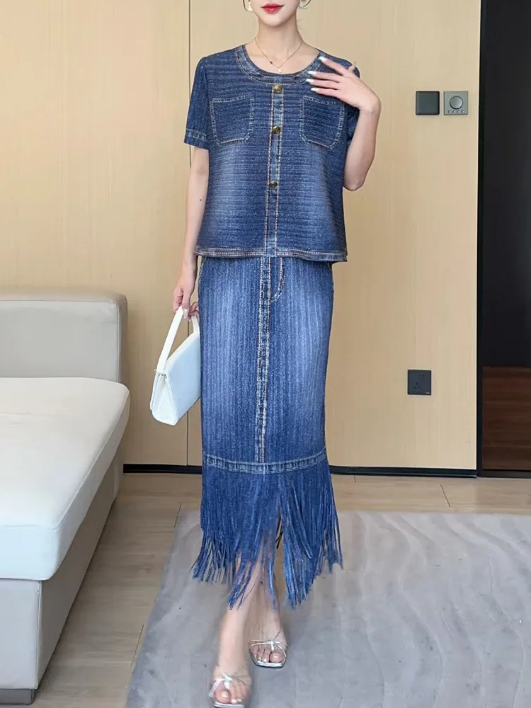 

Miyake women's summer denim set cowgirl outfit short sleeve top fringe denim skirt cowgirl Fashion 2 piece [20256009]