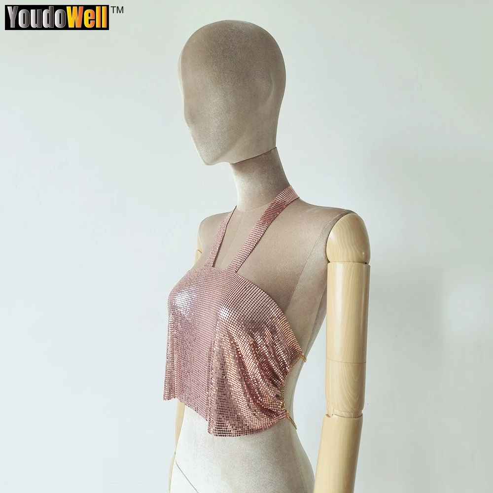 Women's Metal Aluminum Mesh Sequin Wrapped Chest Vest, Cropped Top, Sexy Halter Neck, Bar Club, Carnival Party, Summer, 2023