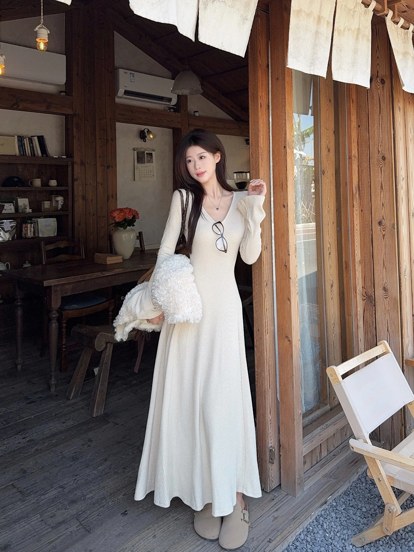 

Ele V-ne Long Sve Knitted Dr Women's Autumn Winter Slim Fit Inner Long Dr Soft High Elastici A-line Skirt