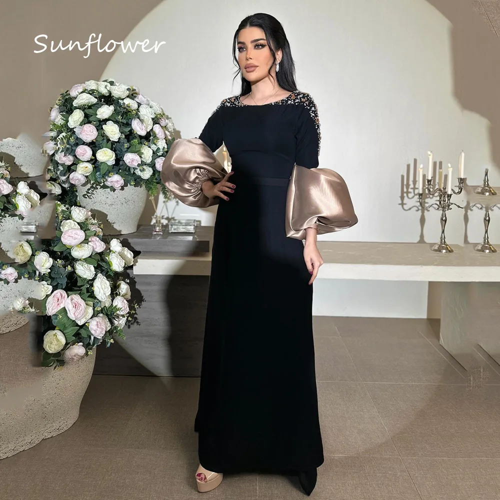 

Sunflower Black Beading O-Neck Crepe Mermaid Evening Dress Saudi Arabia 2024 Slim Satin Long Sleeve Floor-Length Prom Dress