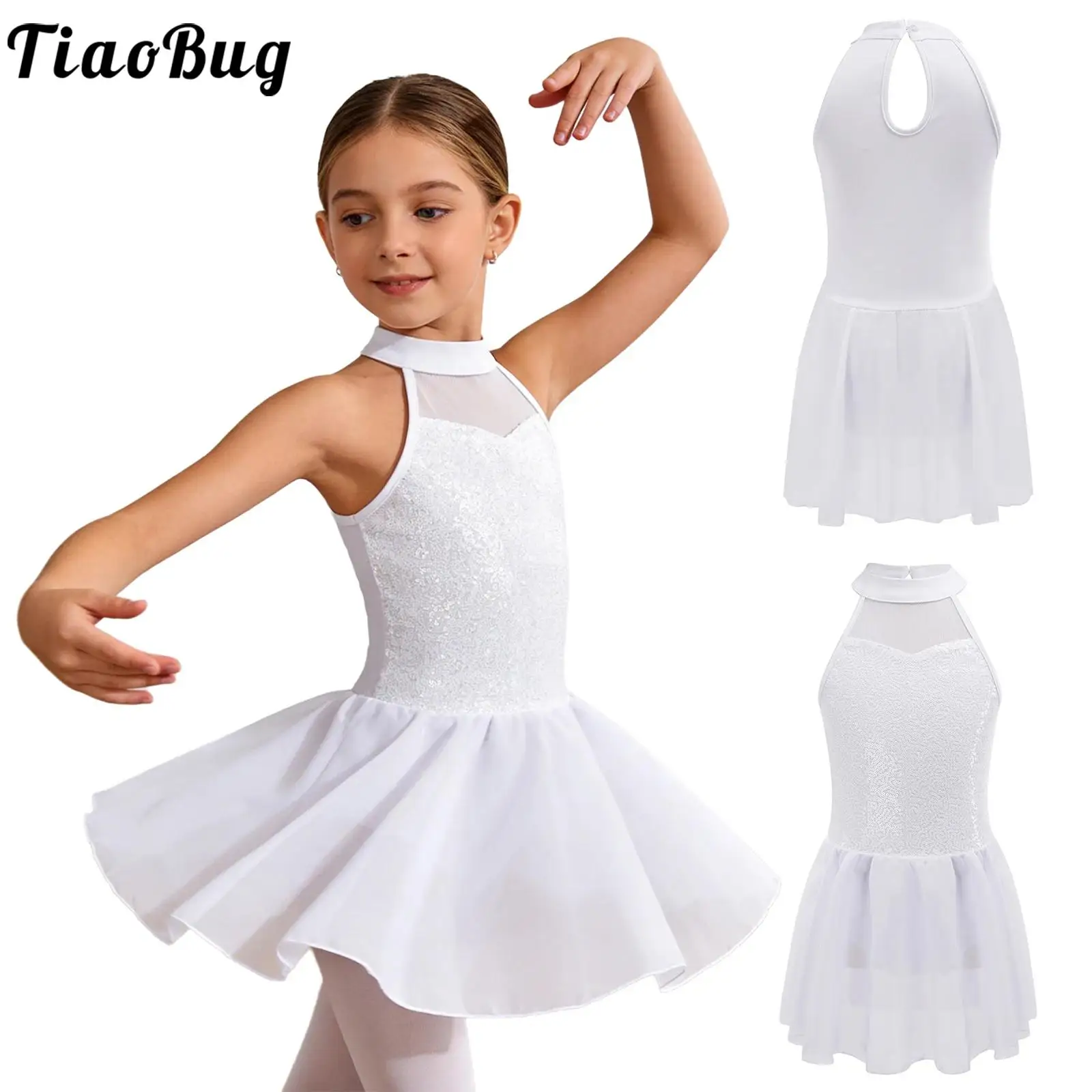 

Kids Girls Leotards Ballerina Ballet Dance Dress Sequin Halter Sleeveless Mesh Patchwork Chiffon Tutu Dress with Built-in Briefs