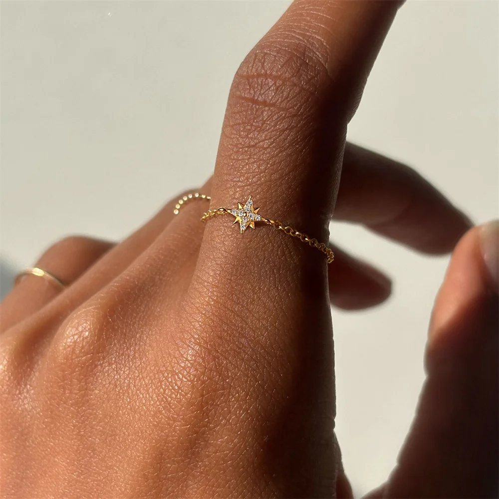 CANNER Eight-Pointed Star Zircon 925 Sterling Silver Adjustable Chain Ring For Women Ins Minimalism European American Style Ring