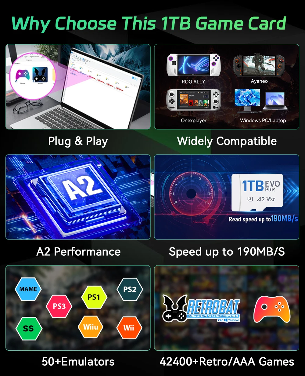 بطاقة TF للعبة Retrobat & Playnite سعة 1 تيرابايت مع 42467 ألعاب Retro & AAA لـ ROG ALLY/Onexplayer/Wins المحمولة/الكمبيوتر الشخصي لـ PS3/PS2/Switch/WiiU